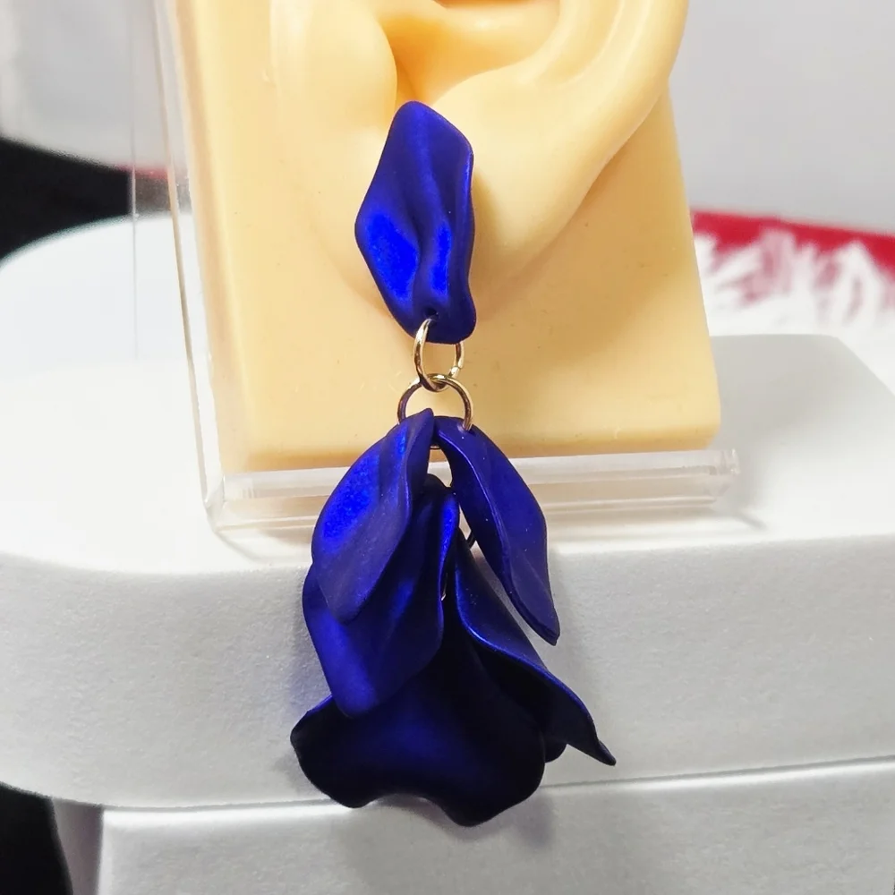 Royal Blue Flower Petal Earrings Sculptural Floral Statement Dangle Earrings New